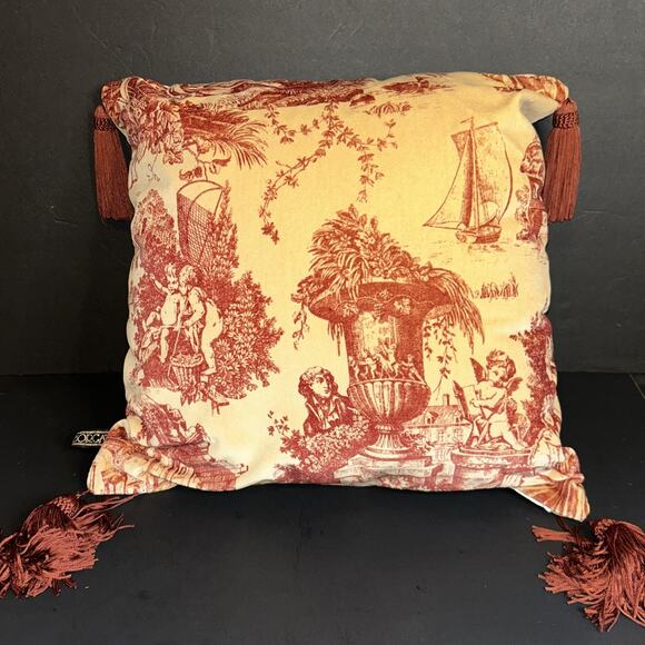 Borgata Toile Throw Pillow Red Beige w/ Tassels Square 15" French Country - Picture 1 of 9